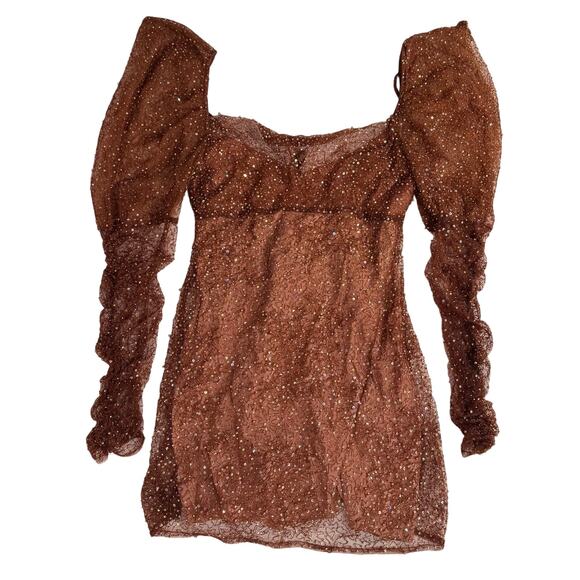 Free People Mini Dress Mademoiselle Brown Beaded Sequin Long Sleeve size Small - Picture 4 of 10